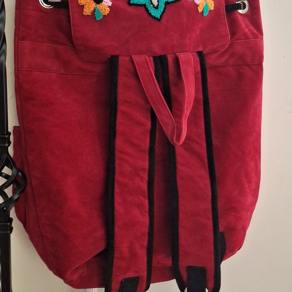 America & Beyond Drawstring Pom Pom Backpack  Floral Suede School Bag Girls Gift - Picture 5 of 17